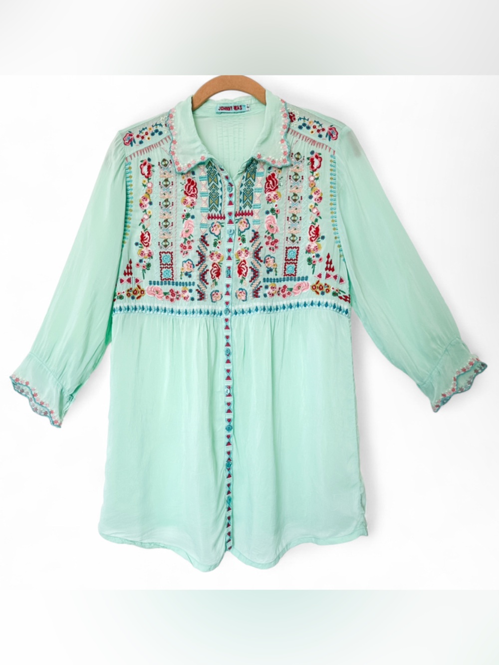 Johnny Was Floral Embroidered Turquoise Boho Tunic Long Sleeve Top - Size Small